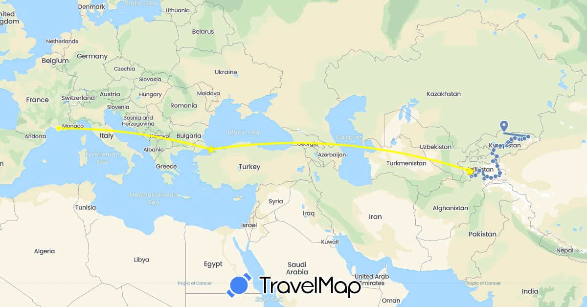 TravelMap itinerary: driving, cycling, hiking, avion in France, Kyrgyzstan, Tajikistan, Turkey (Asia, Europe)