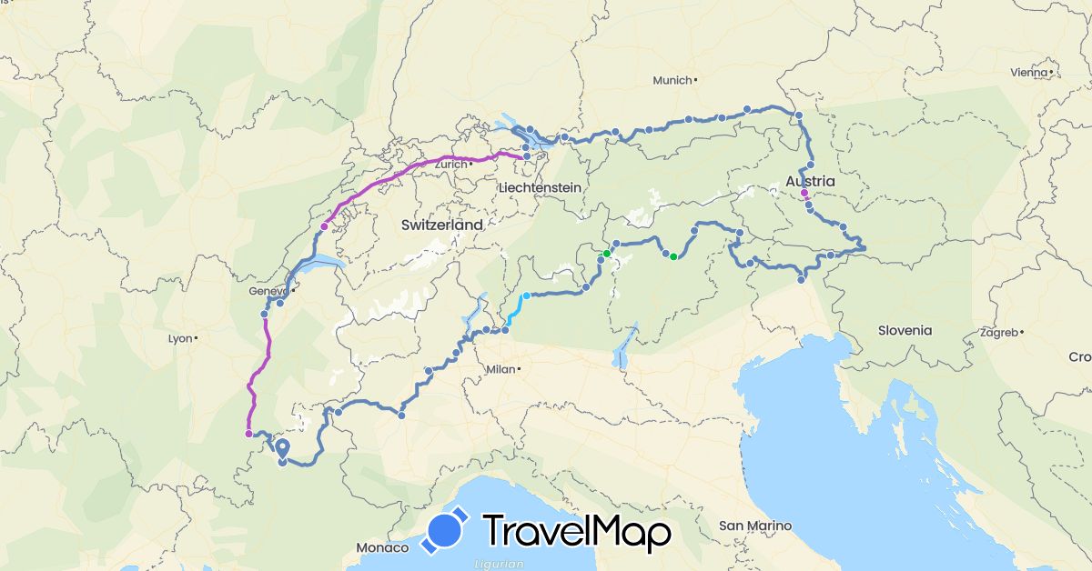 TravelMap itinerary: driving, bus, cycling, train, boat in Austria, Switzerland, Germany, France, Italy (Europe)