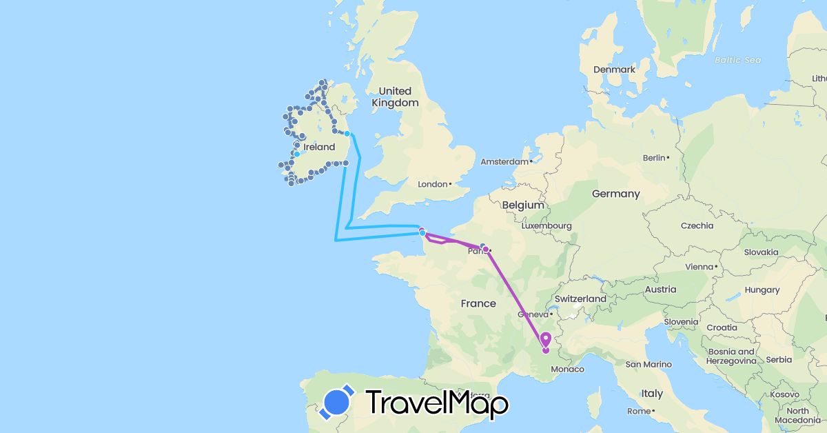 TravelMap itinerary: driving, cycling, train, boat in France, United Kingdom, Ireland (Europe)
