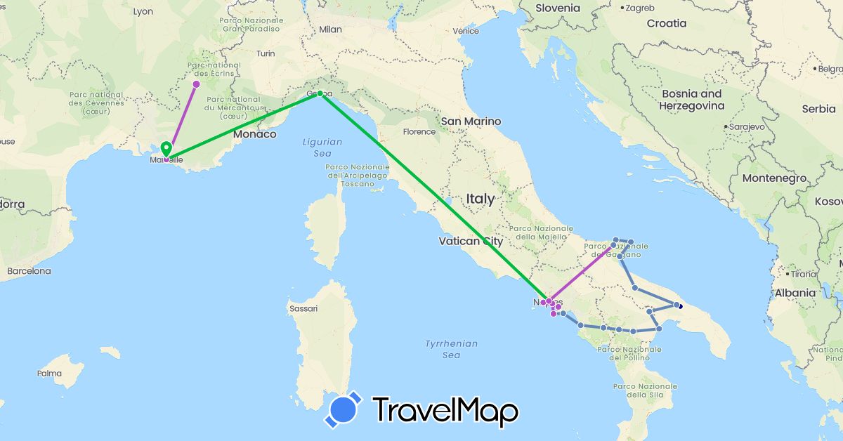 TravelMap itinerary: driving, bus, cycling, train in France, Italy (Europe)