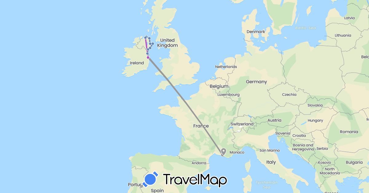 TravelMap itinerary: plane, cycling, train in France, United Kingdom, Ireland (Europe)