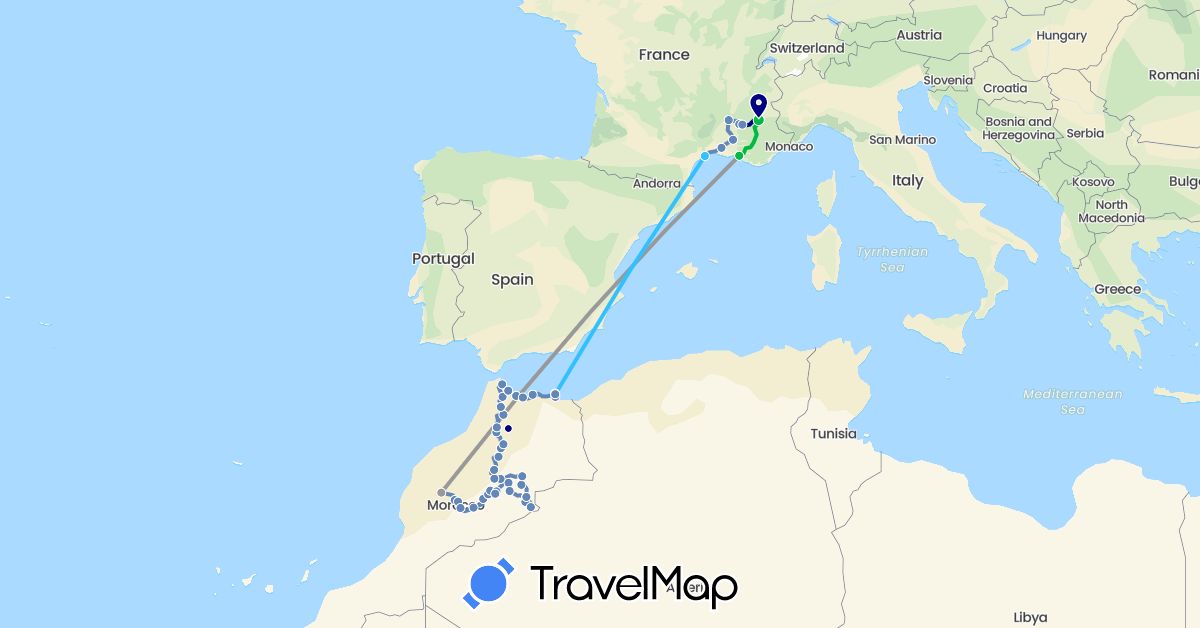 TravelMap itinerary: driving, bus, plane, cycling, boat in Spain, France, Morocco (Africa, Europe)
