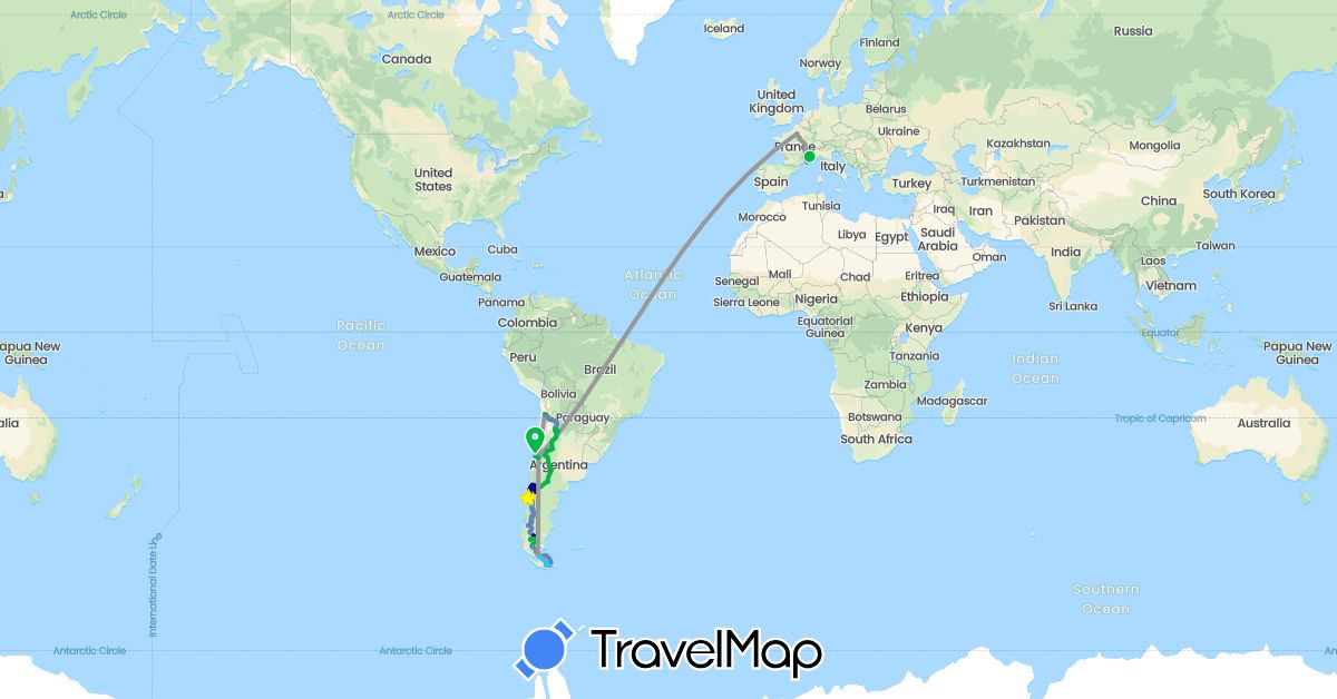 TravelMap itinerary: driving, bus, plane, cycling, boat in Argentina, Chile, France (Europe, South America)
