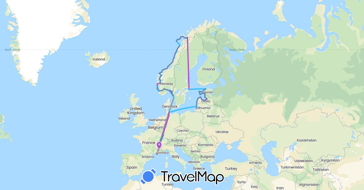 TravelMap itinerary: plane, cycling, train, boat in Switzerland, Germany, Estonia, France, Lithuania, Latvia, Norway, Sweden (Europe)